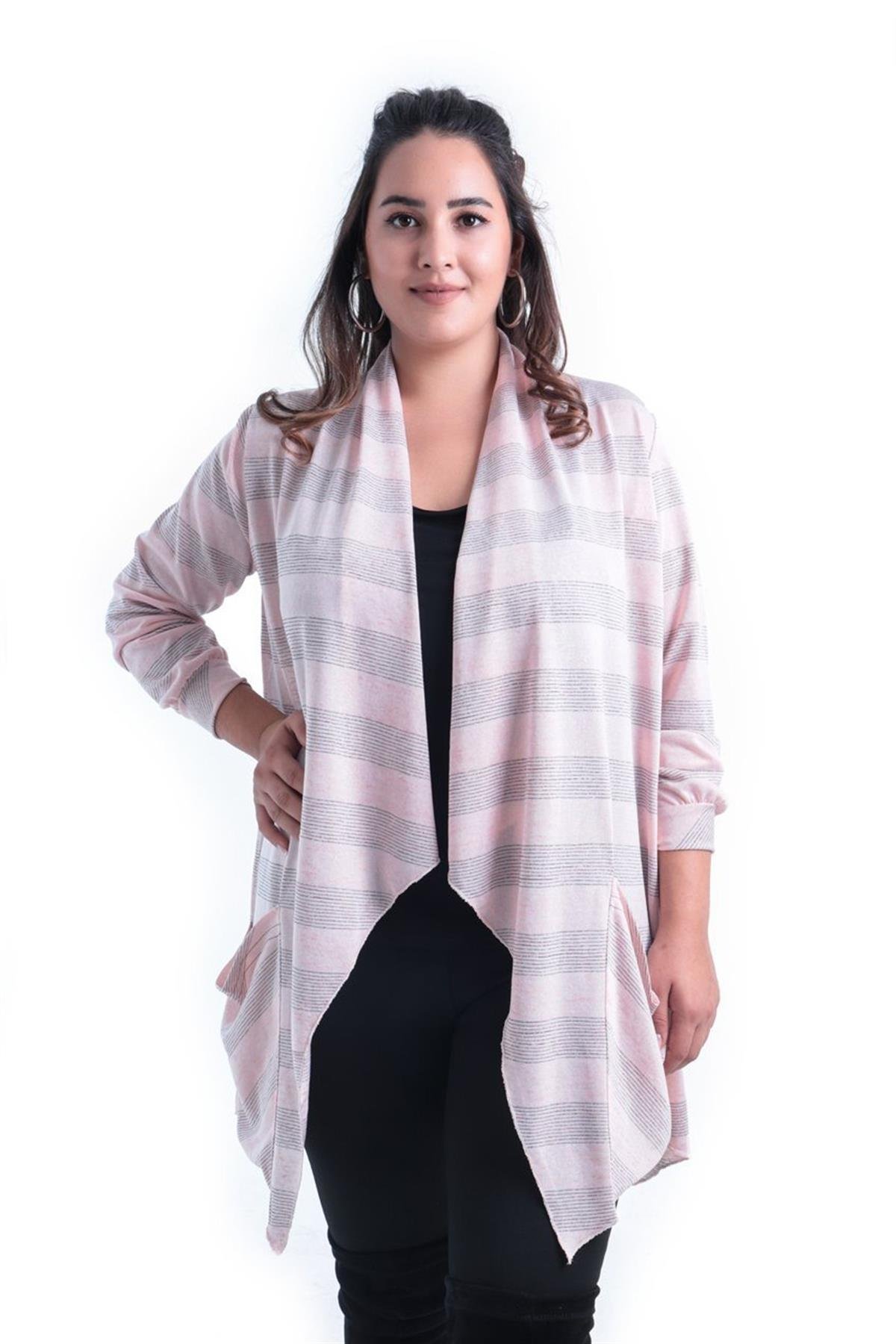 Büyük Beden 2309 Asimetrik Yaka Hırka Pudra