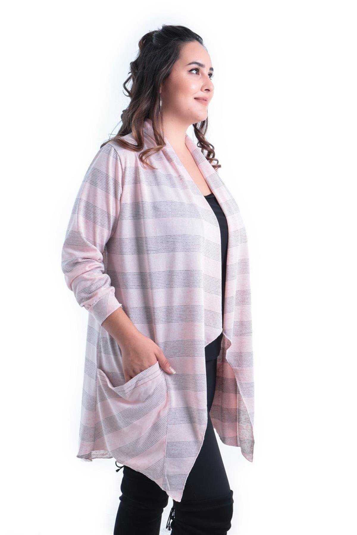 Büyük Beden 2309 Asimetrik Yaka Hırka Pudra