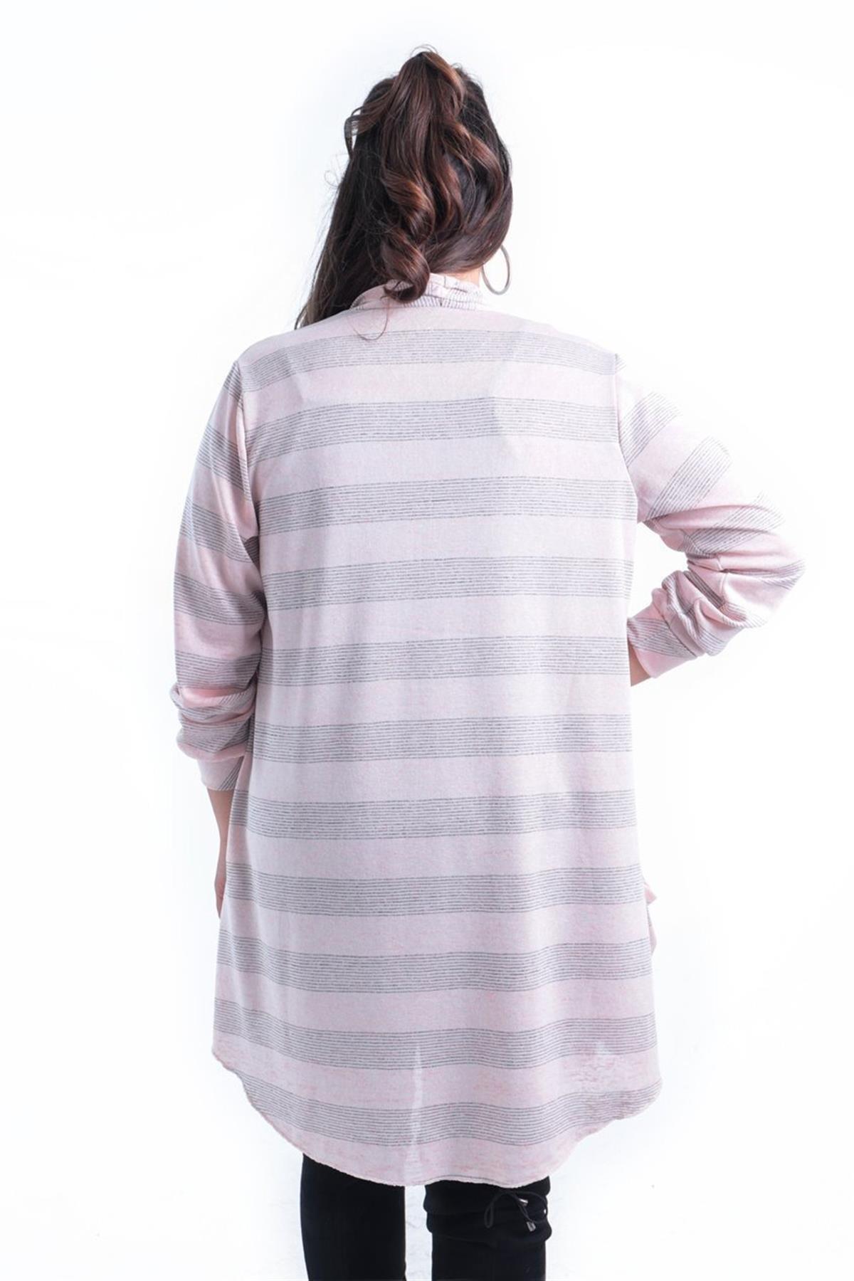 Büyük Beden 2309 Asimetrik Yaka Hırka Pudra