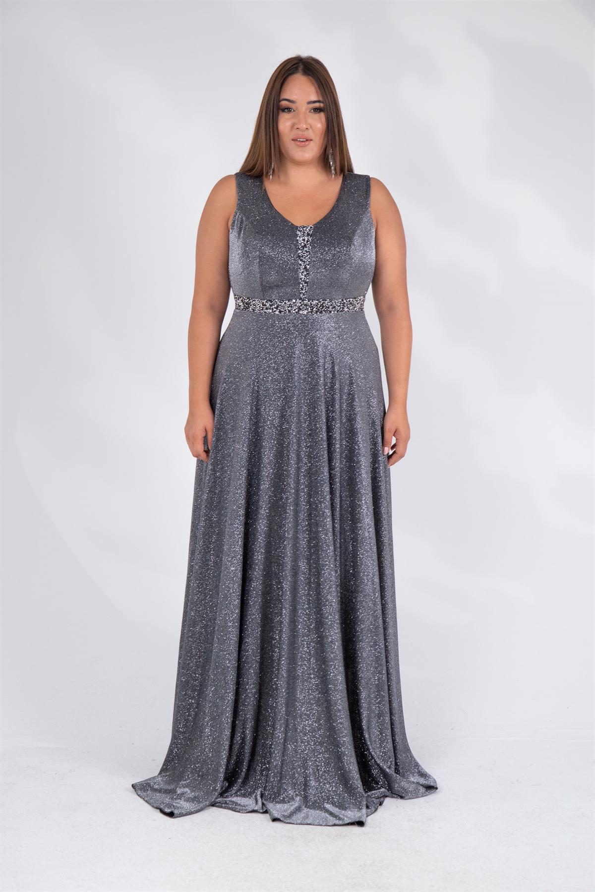 Büyük Beden 2421889 Askılı V Yaka Abiye  Gri