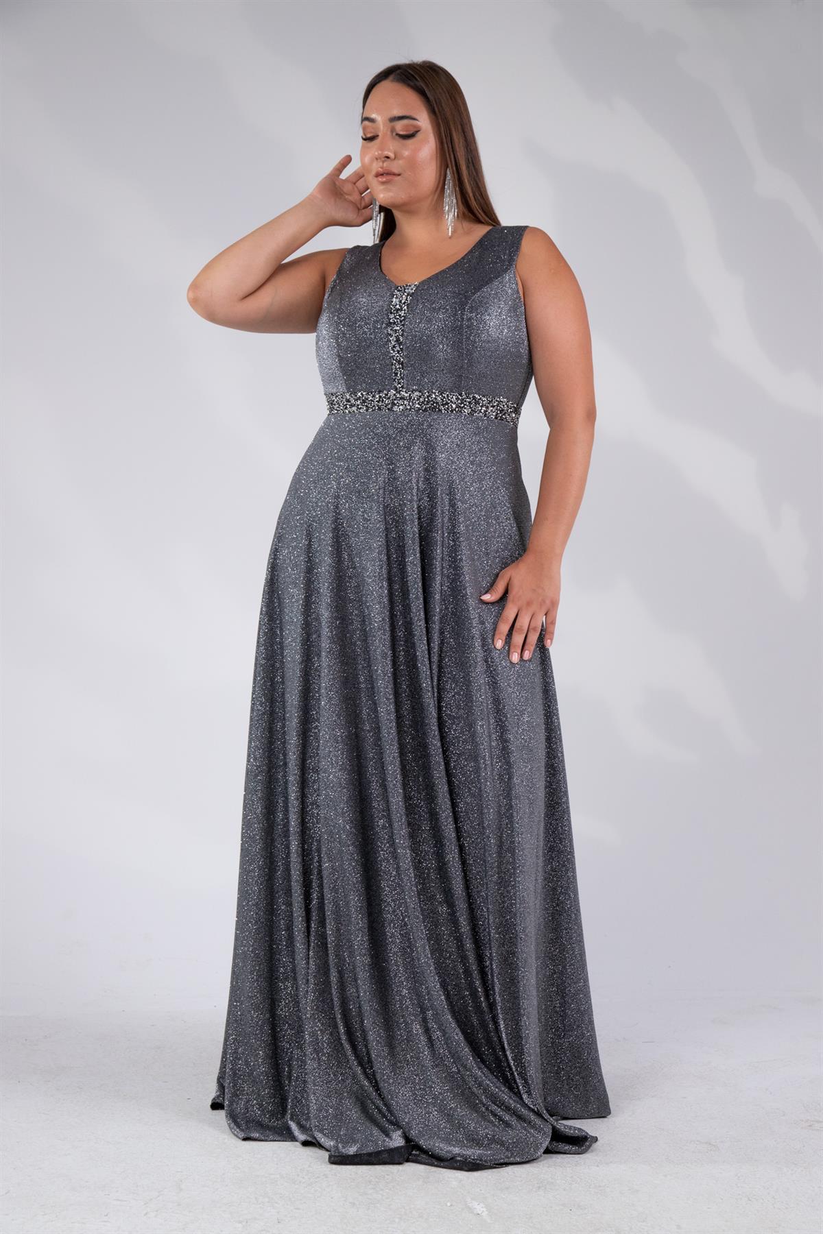 Büyük Beden 2421889 Askılı V Yaka Abiye  Gri