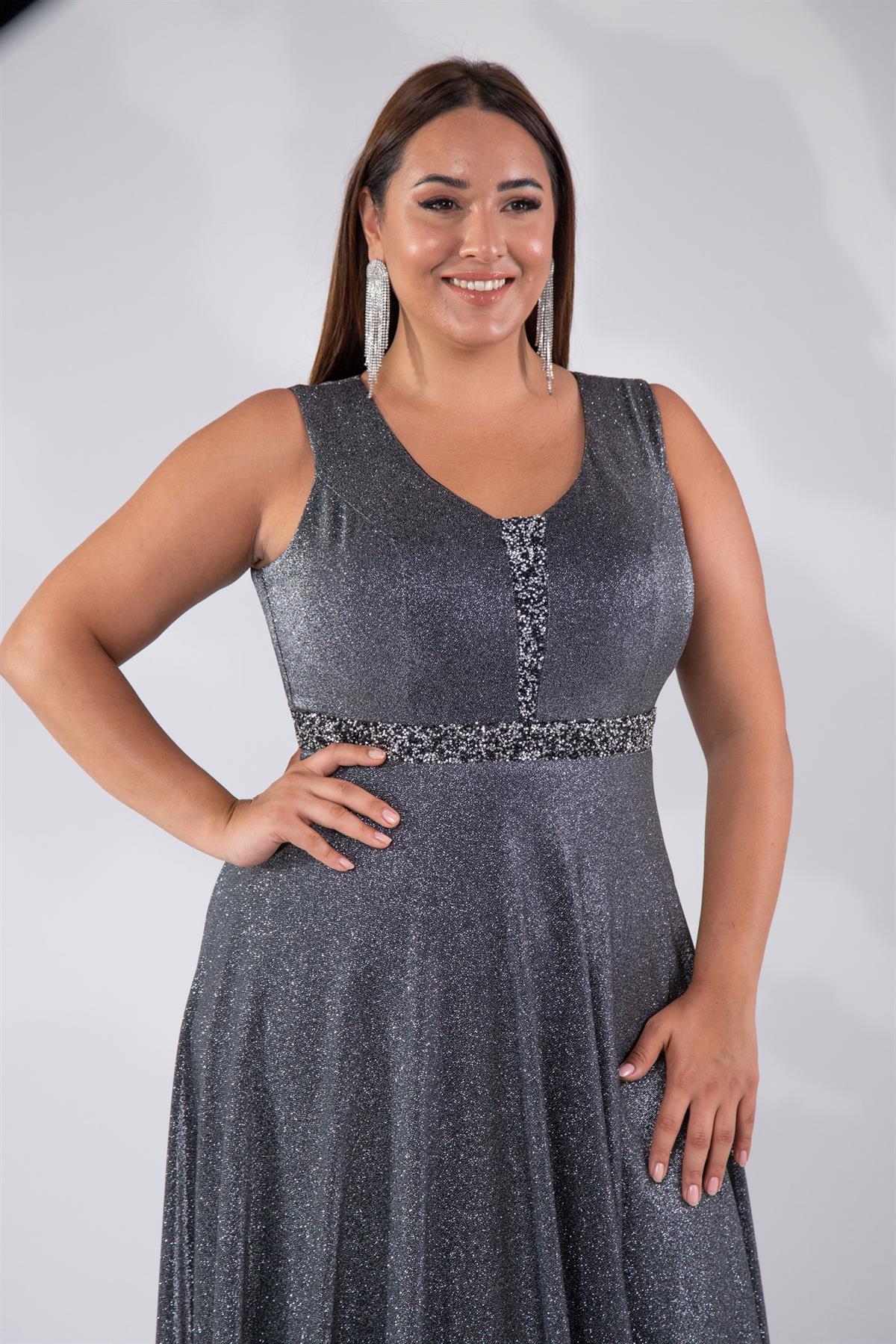 Büyük Beden 2421889 Askılı V Yaka Abiye  Gri