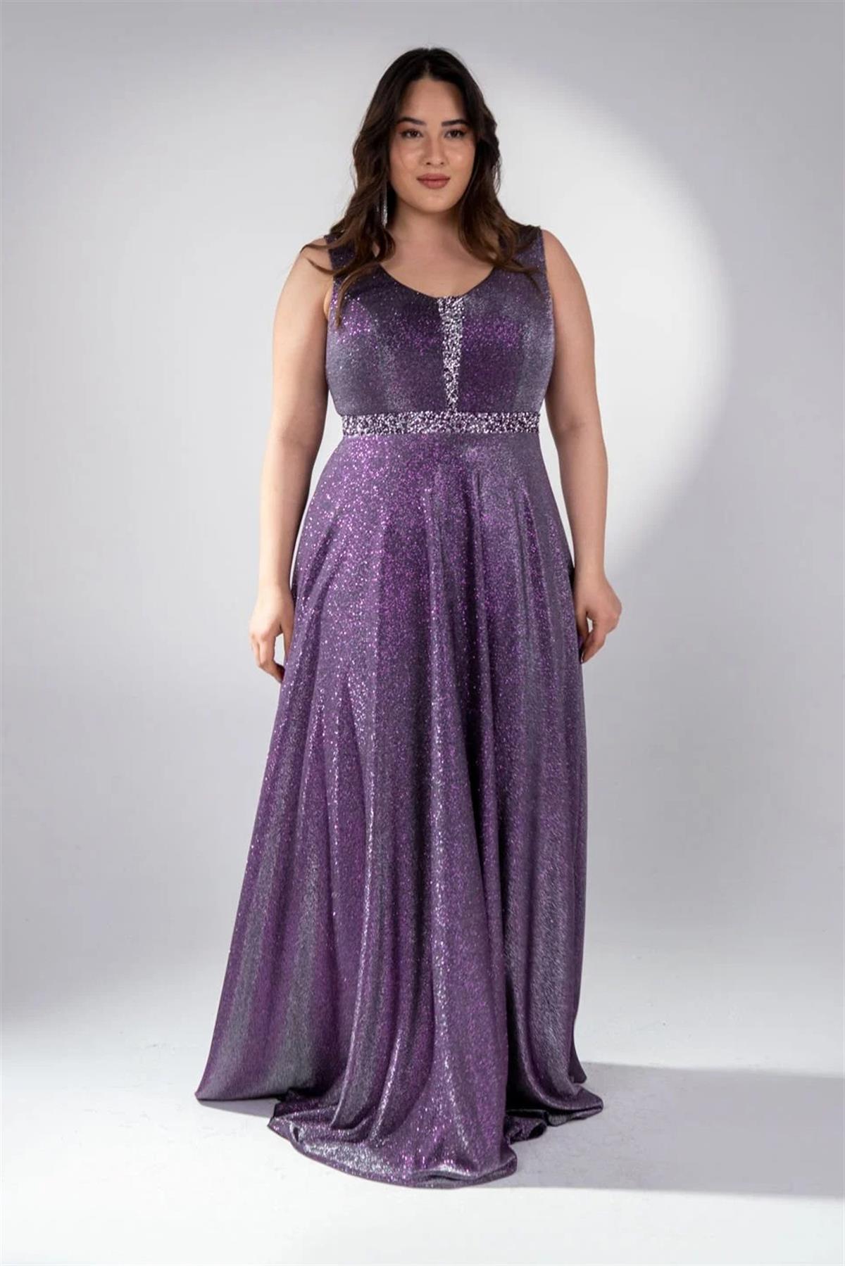 Büyük Beden 2421889 Askılı V Yaka Abiye  Mürdüm