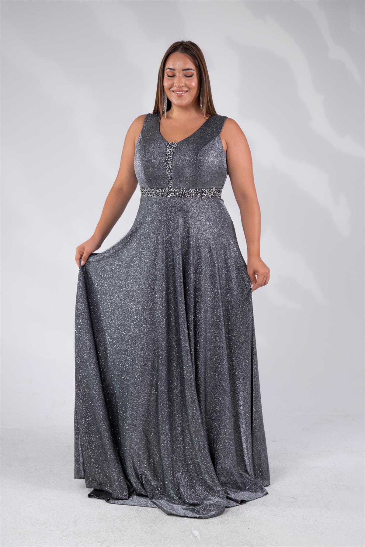 Büyük Beden 2421889 Askılı V Yaka Abiye  Gri