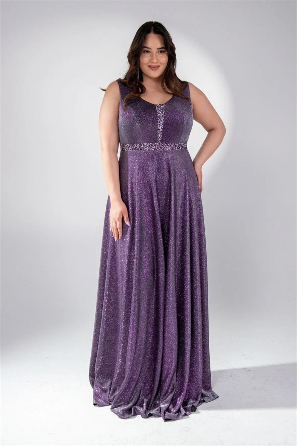 Büyük Beden 2421889 Askılı V Yaka Abiye  Mürdüm