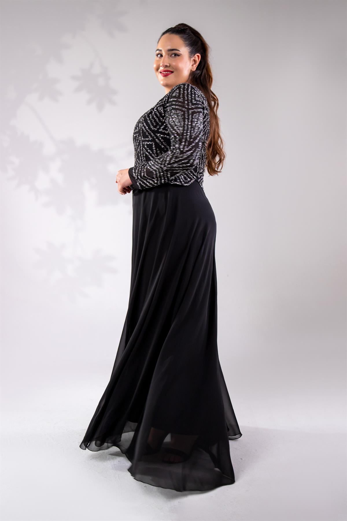 Büyük Beden 2421970  V Yaka Taşlı Abiye  Siyah