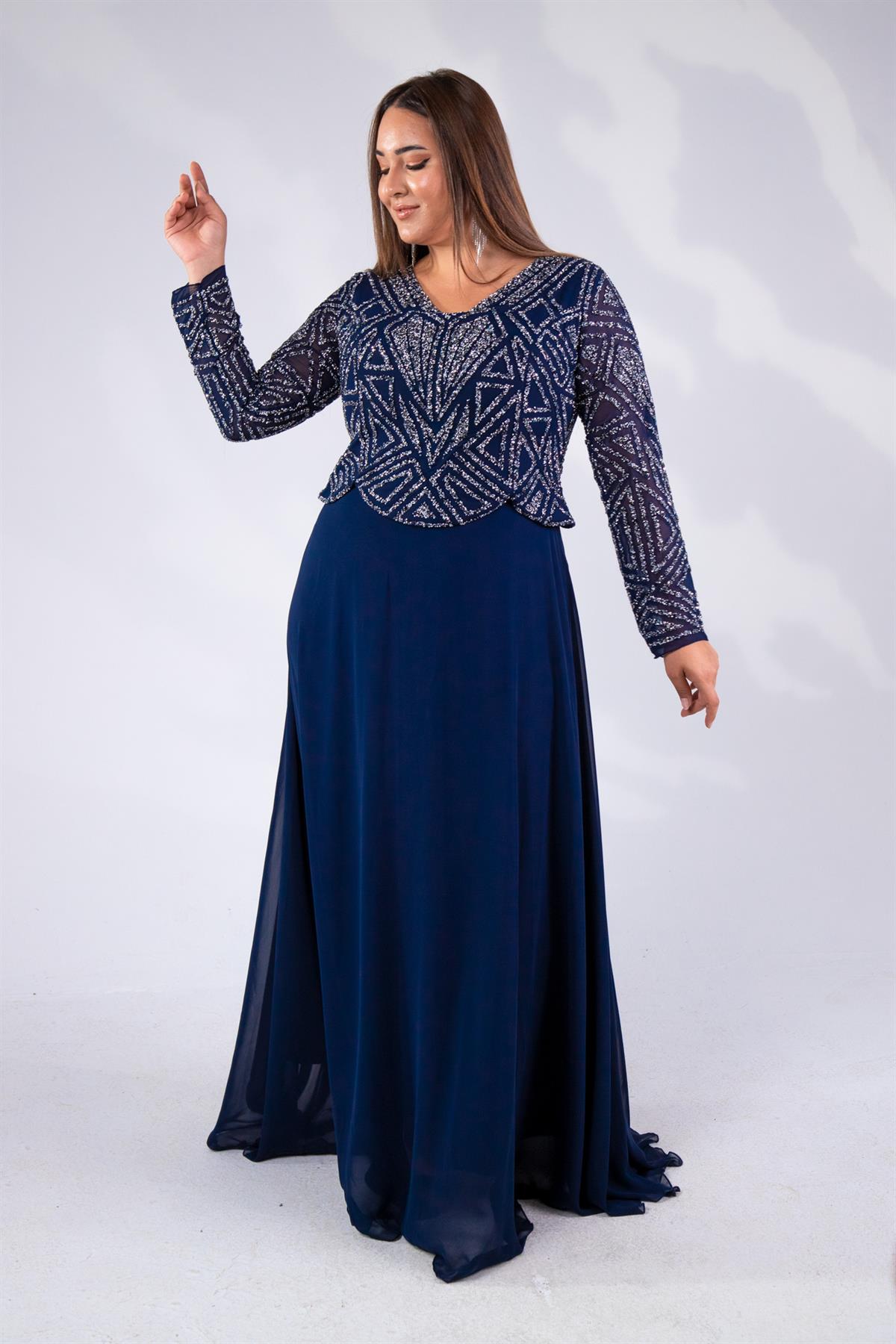 Büyük Beden 2421970  V Yaka Taşlı Abiye  Lacivert