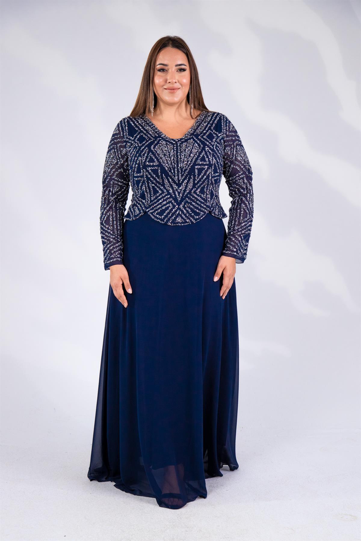 Büyük Beden 2421970  V Yaka Taşlı Abiye  Lacivert