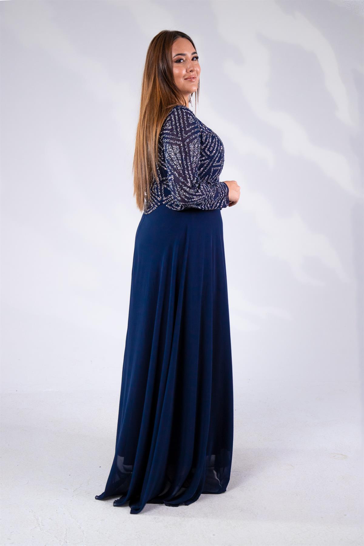 Büyük Beden 2421970  V Yaka Taşlı Abiye  Lacivert