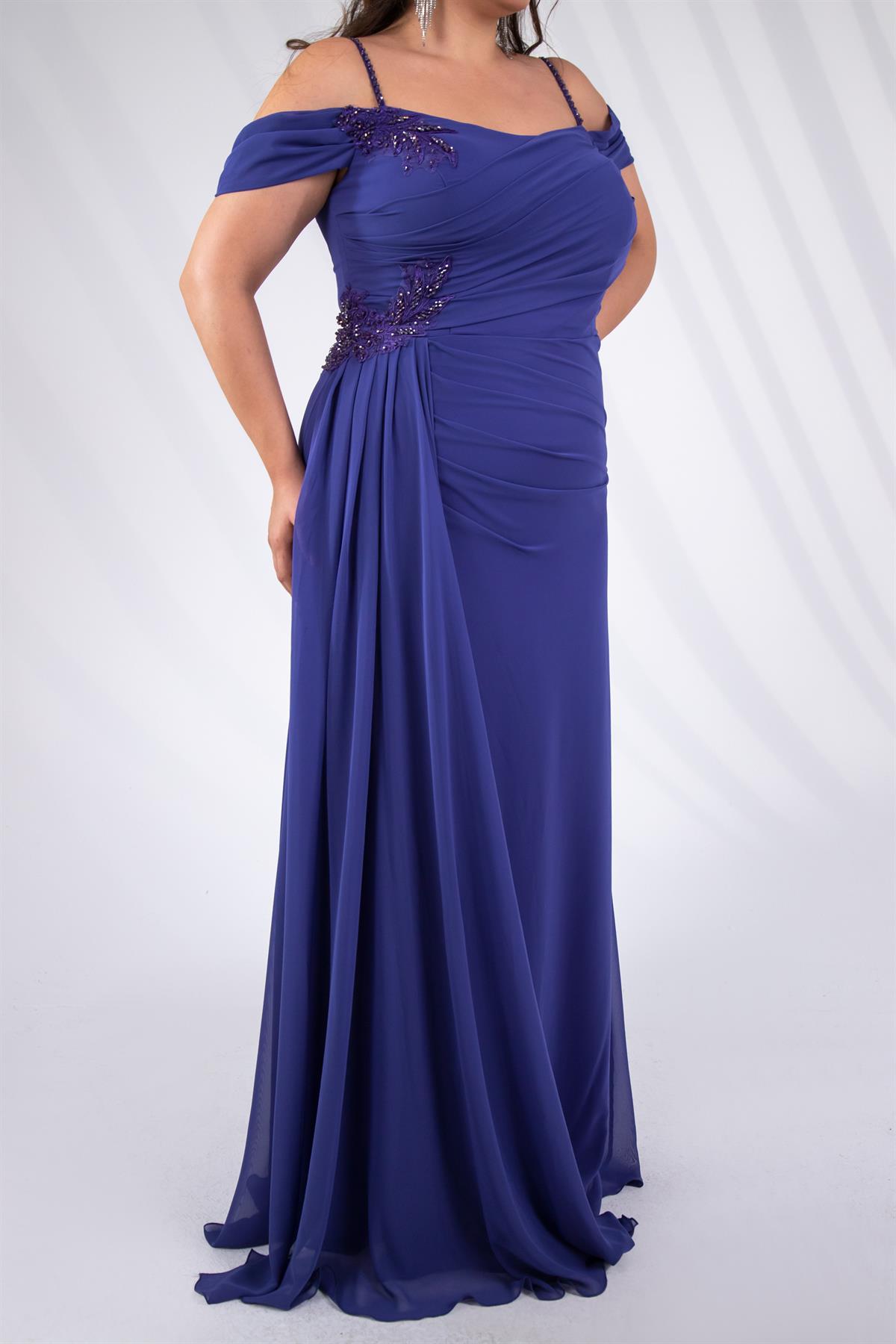 Büyük Beden 24220268 Aplik İşleme Pileli Abiye  Lila