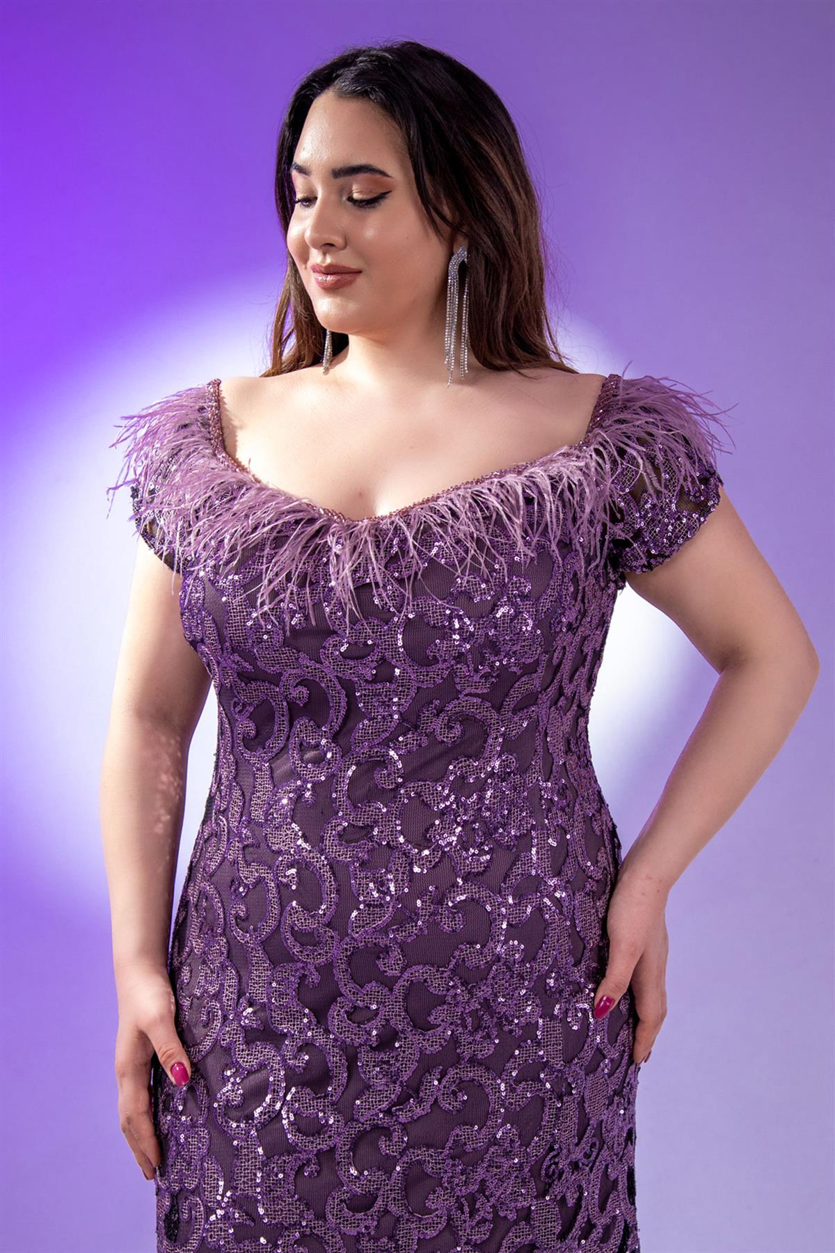 Büyük Beden 2422027 İşlemeli Uzun Abiye  Lila