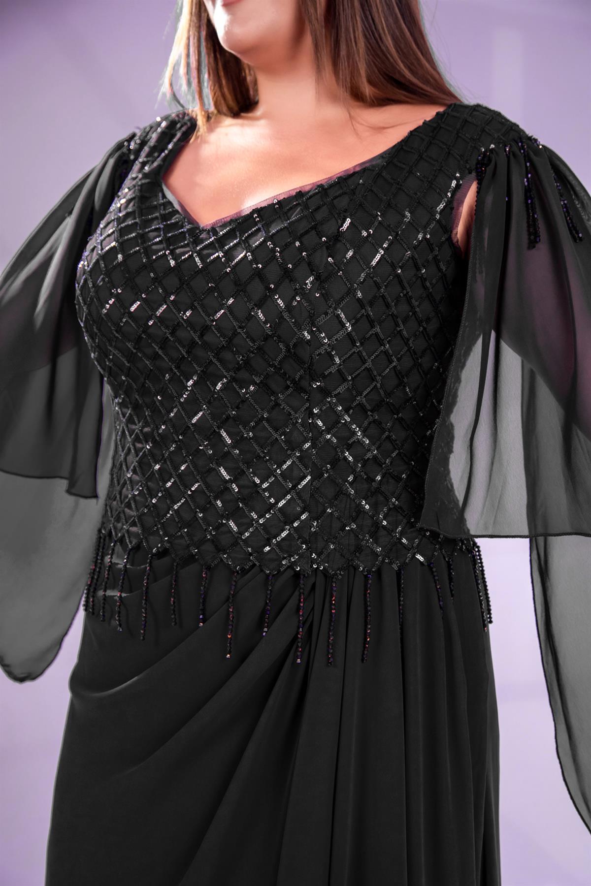 Büyük Beden 24220312  Pul Payetli Şifon Abiye  Siyah