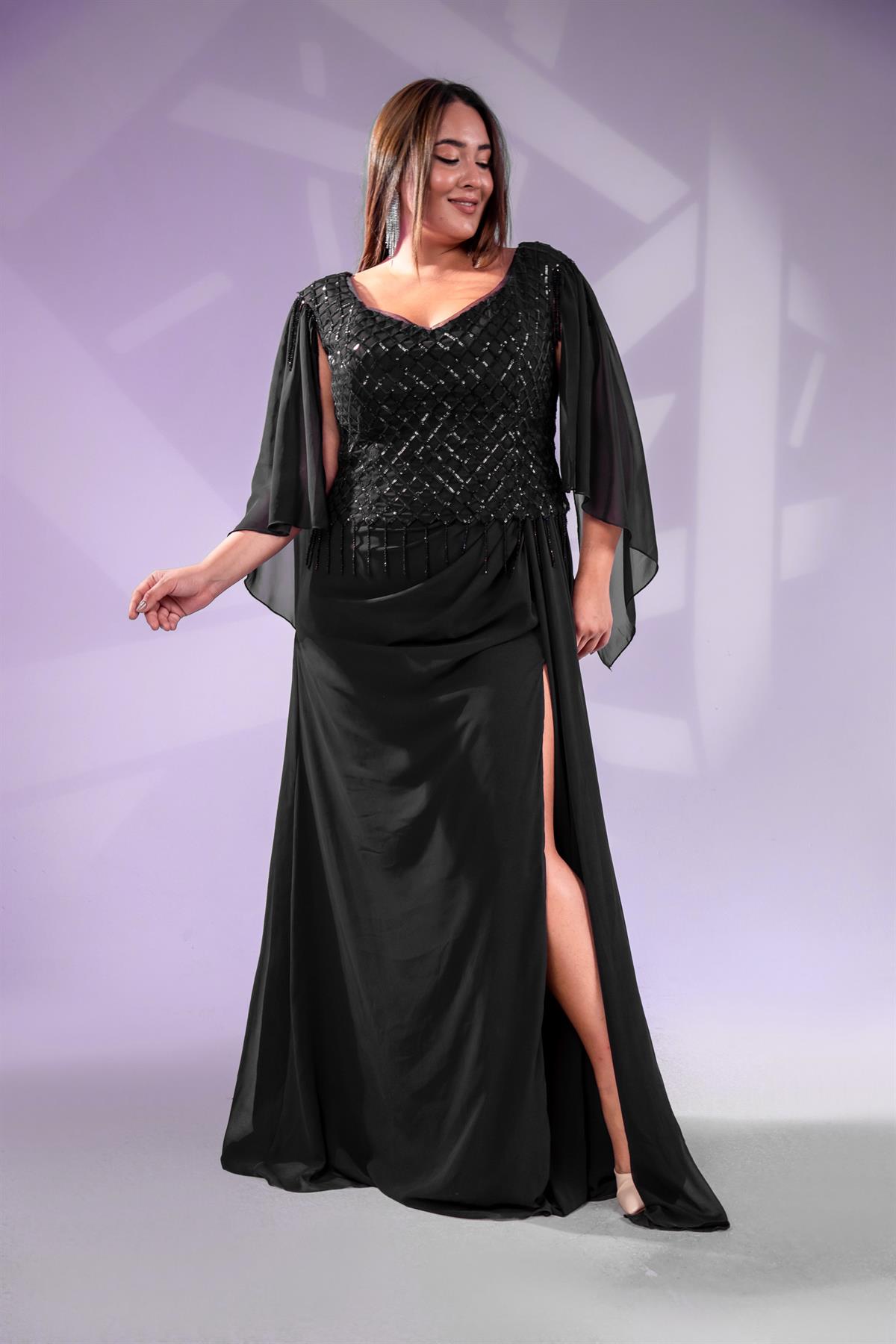 Büyük Beden 24220312  Pul Payetli Şifon Abiye  Siyah