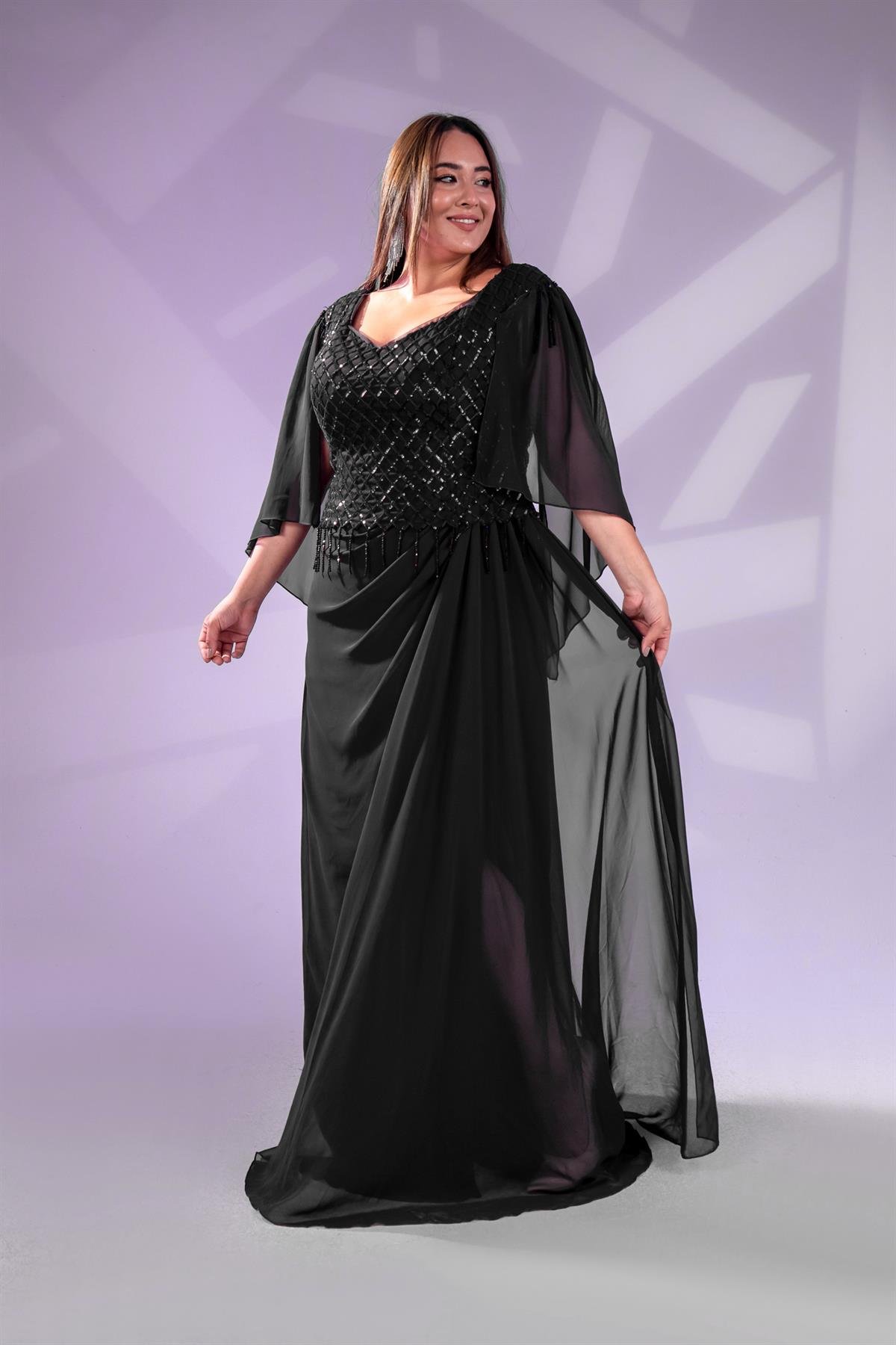 Büyük Beden 24220312  Pul Payetli Şifon Abiye  Siyah