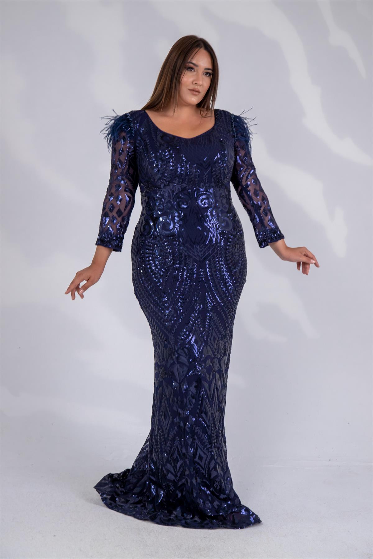 Büyük Beden 24220323 V Yaka Pul İşleme Abiye Lacivert