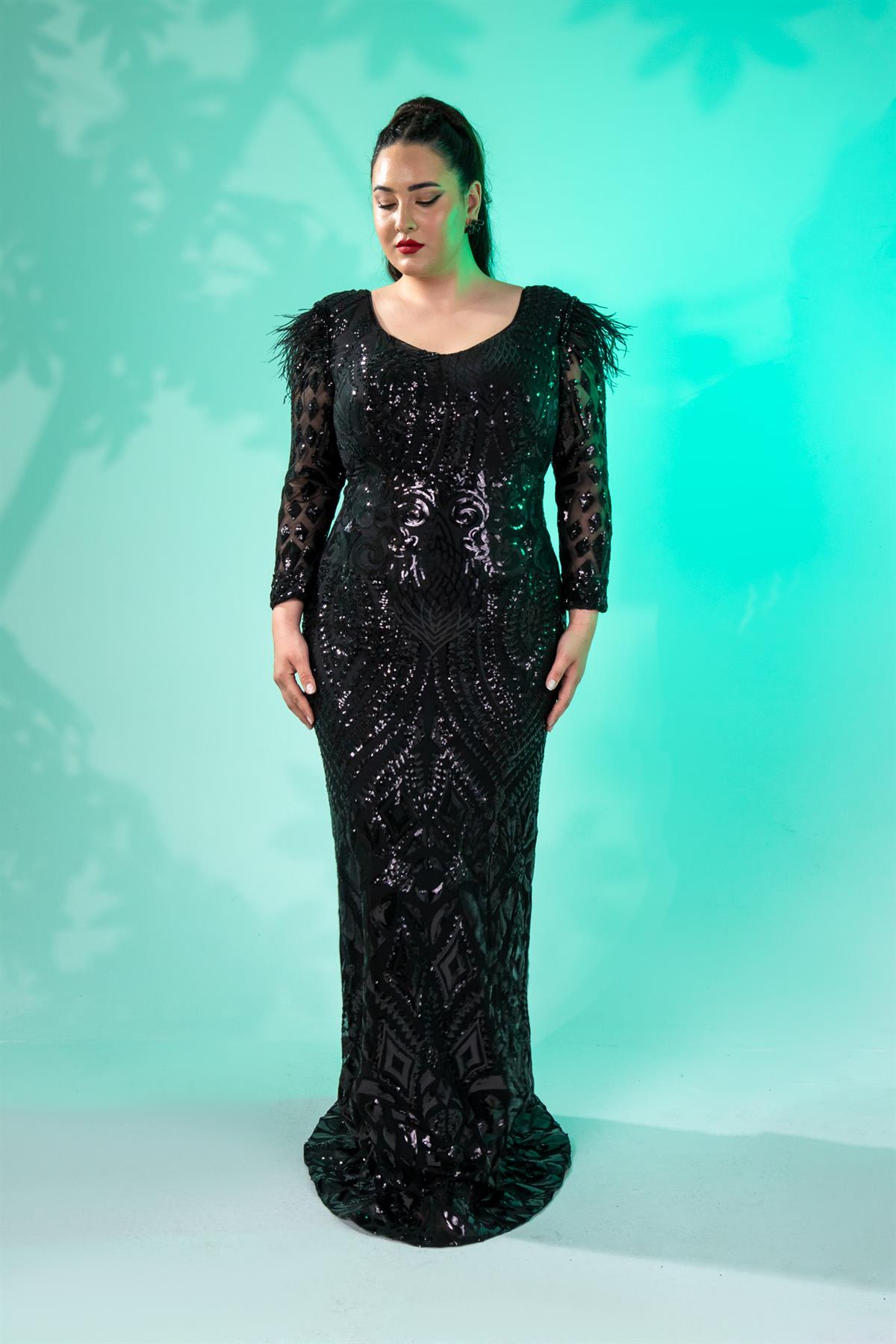 Büyük Beden 24220323 V Yaka Pul İşleme Abiye Siyah