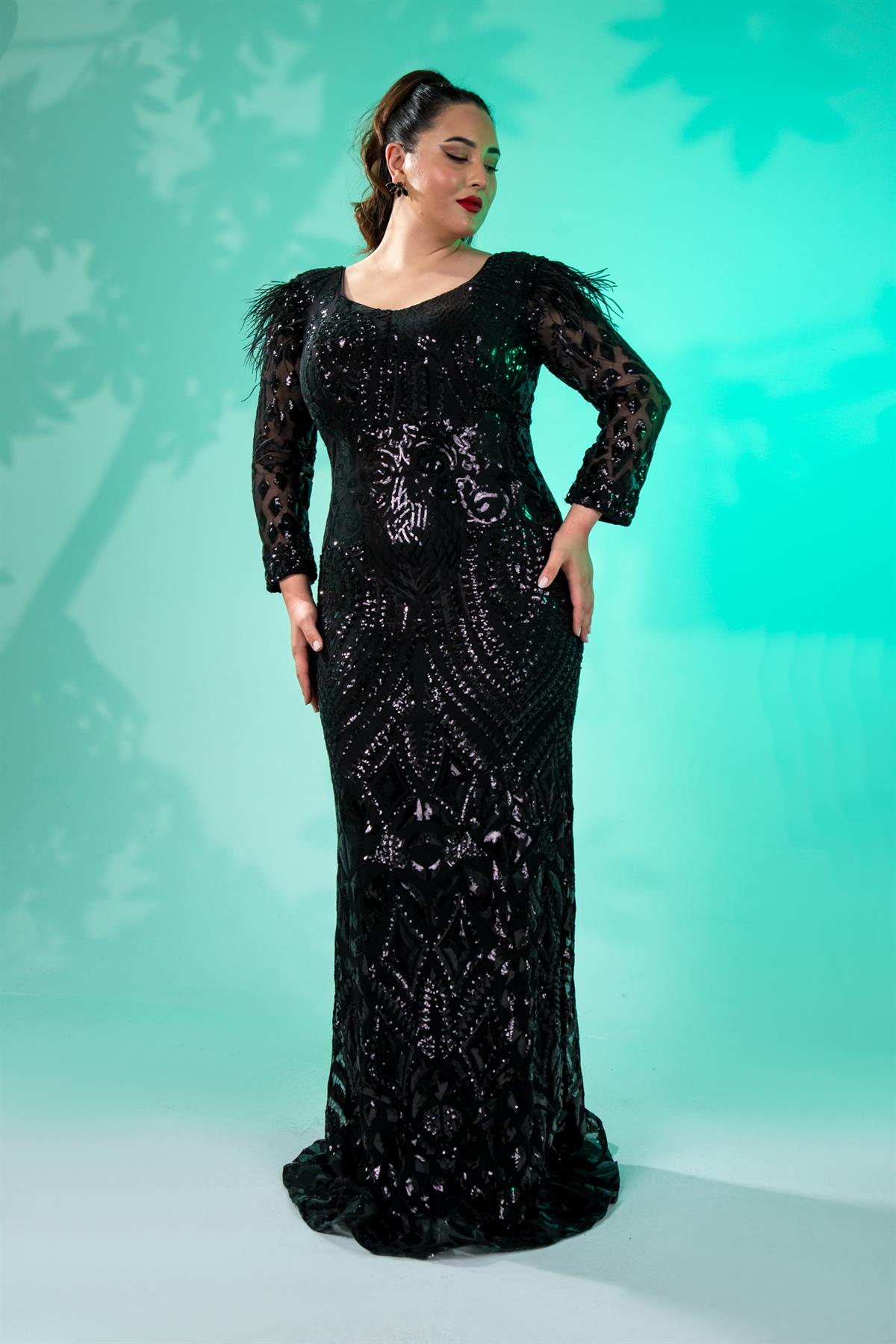 Büyük Beden 24220323 V Yaka Pul İşleme Abiye Siyah