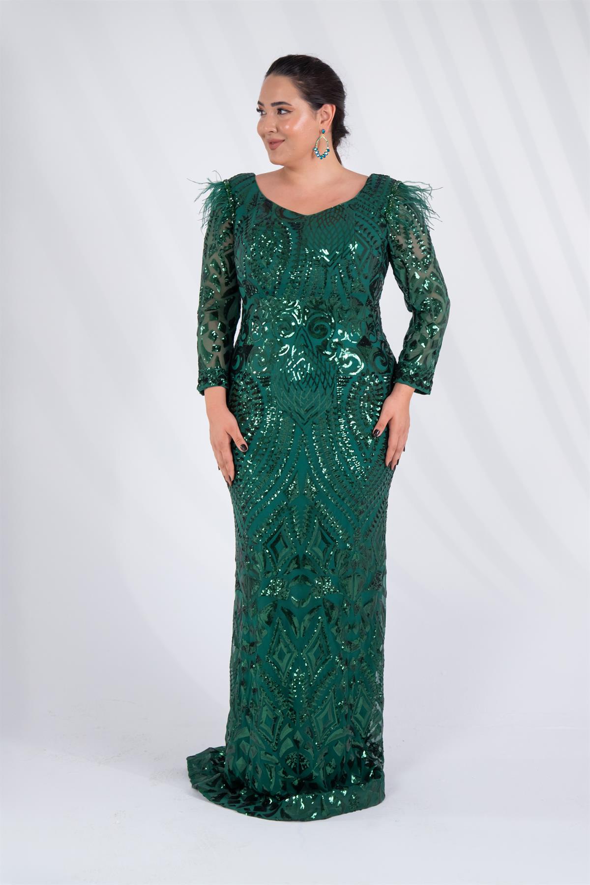 Büyük Beden 24220323 V Yaka Pul İşleme Abiye Zümrüt Yeşil