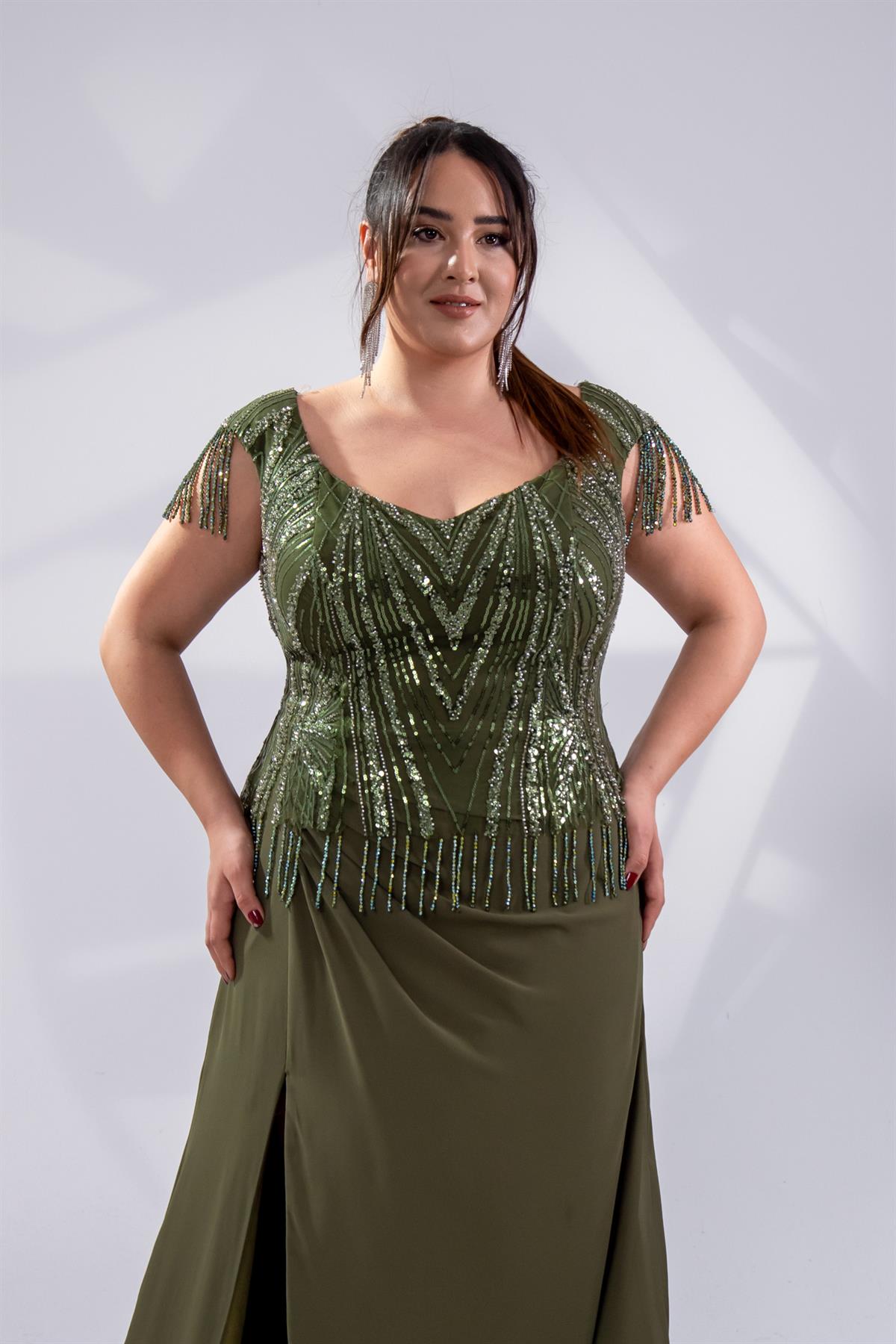 Büyük Beden 24220477 Pul İşlemeli Abiye Haki