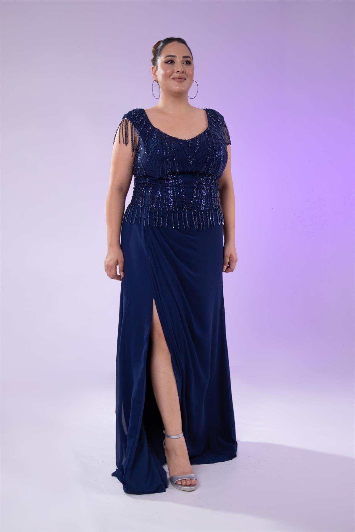 Büyük Beden 24220477 Pul İşlemeli Abiye Lacivert