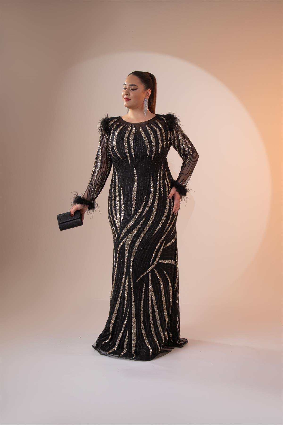 Büyük Beden 24220486 Yaka Detaylı Abiye  SiyaH-Gümüş