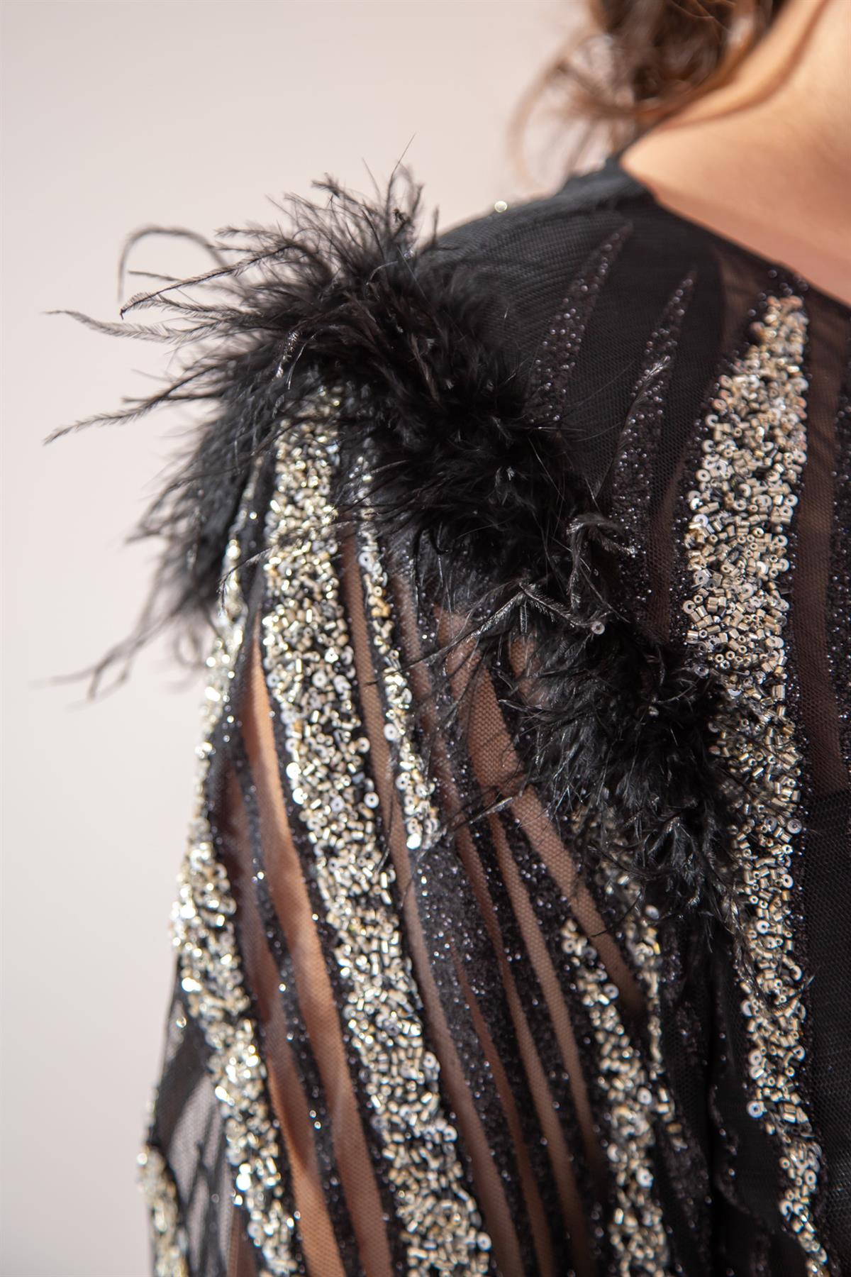 Büyük Beden 24220486 Yaka Detaylı Abiye  SiyaH-Gümüş