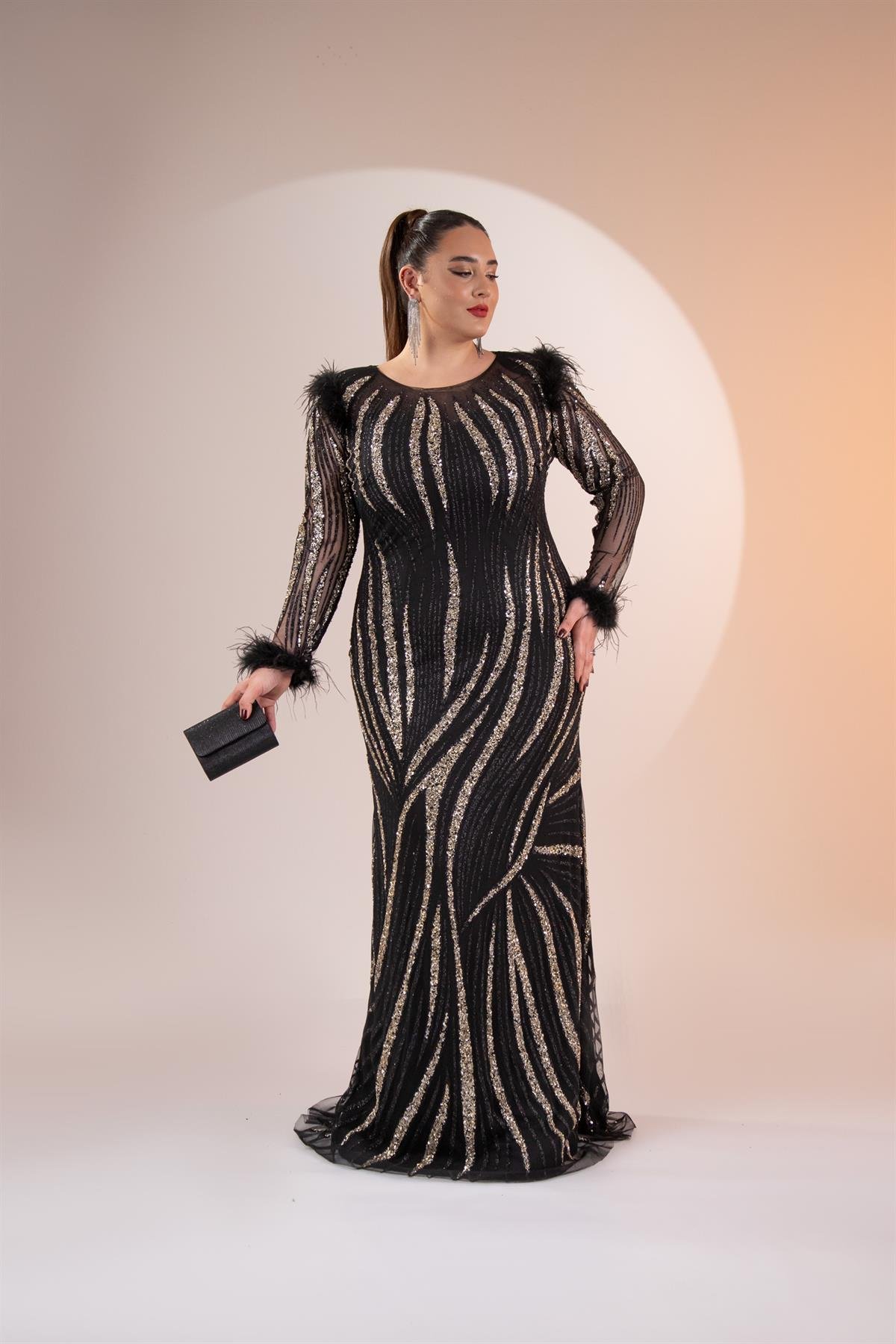 Büyük Beden 24220486 Yaka Detaylı Abiye  SiyaH-Gümüş