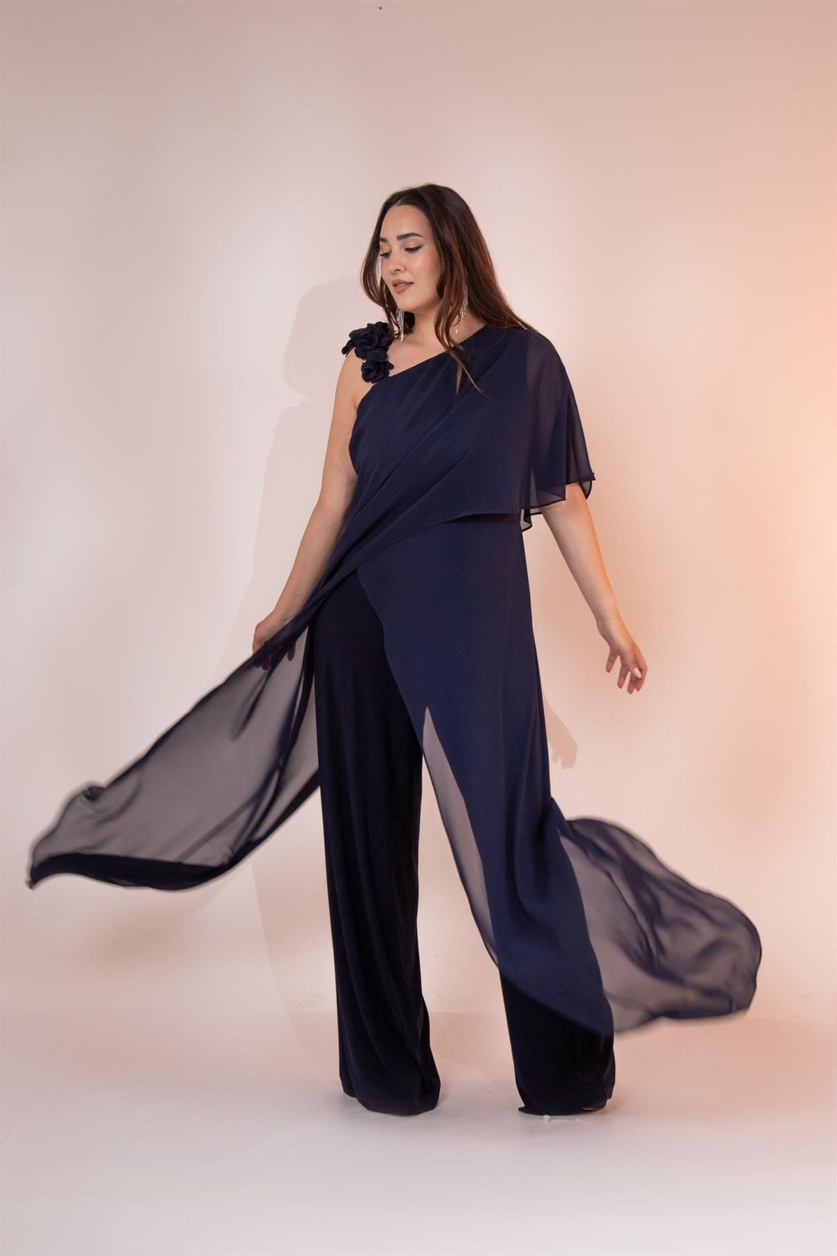 Büyük Beden 2422107 Şifon Tulum Abiye Lacivert