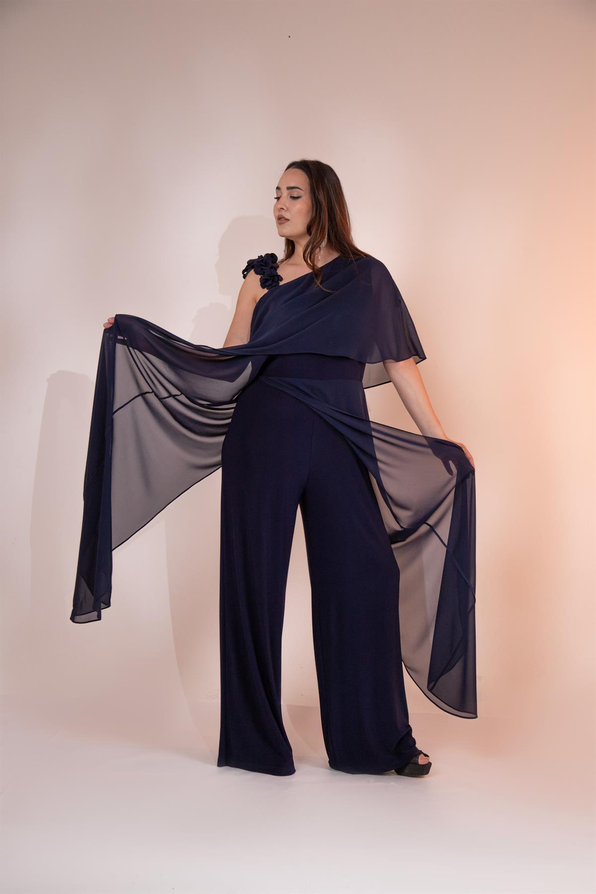 Büyük Beden 2422107 Şifon Tulum Abiye Lacivert