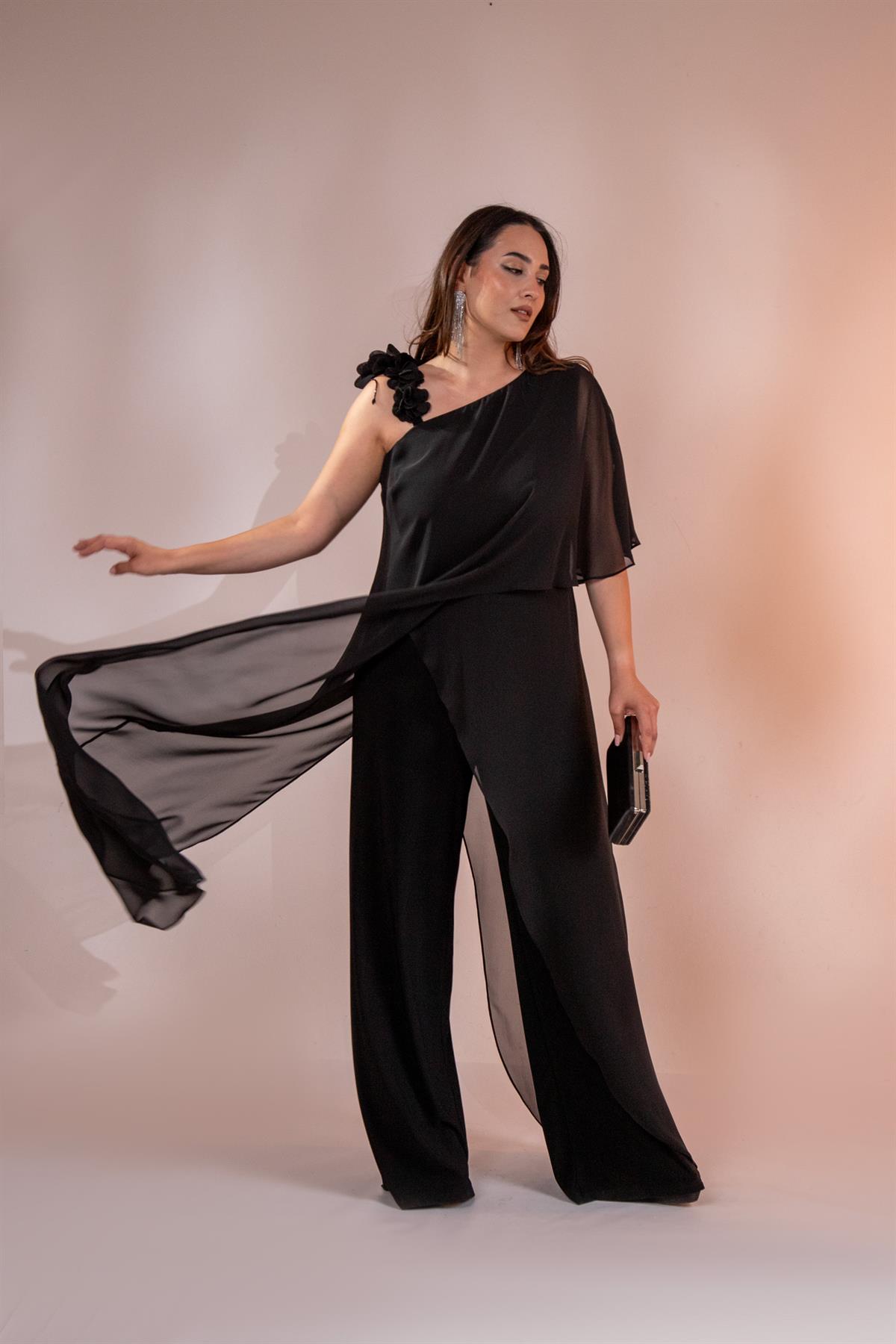 Büyük Beden 2422107 Şifon Tulum Abiye Siyah