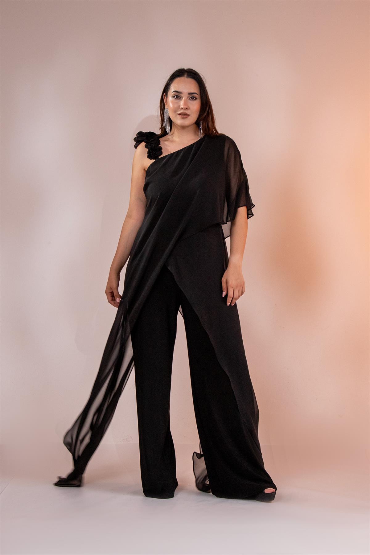 Büyük Beden 2422107 Şifon Tulum Abiye Siyah