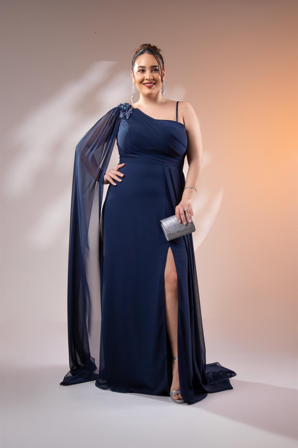 Büyük Beden 2422506 Tek Omuz Askılı Abiye Lacivert