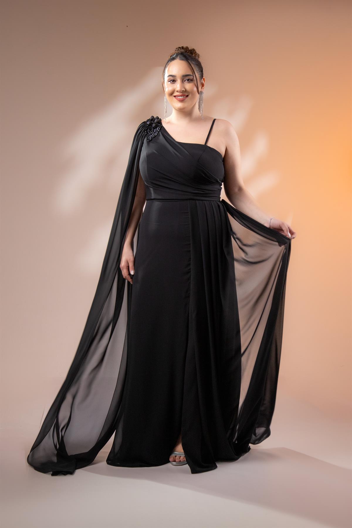 Büyük Beden 2422506 Tek Omuz Askılı Abiye Siyah