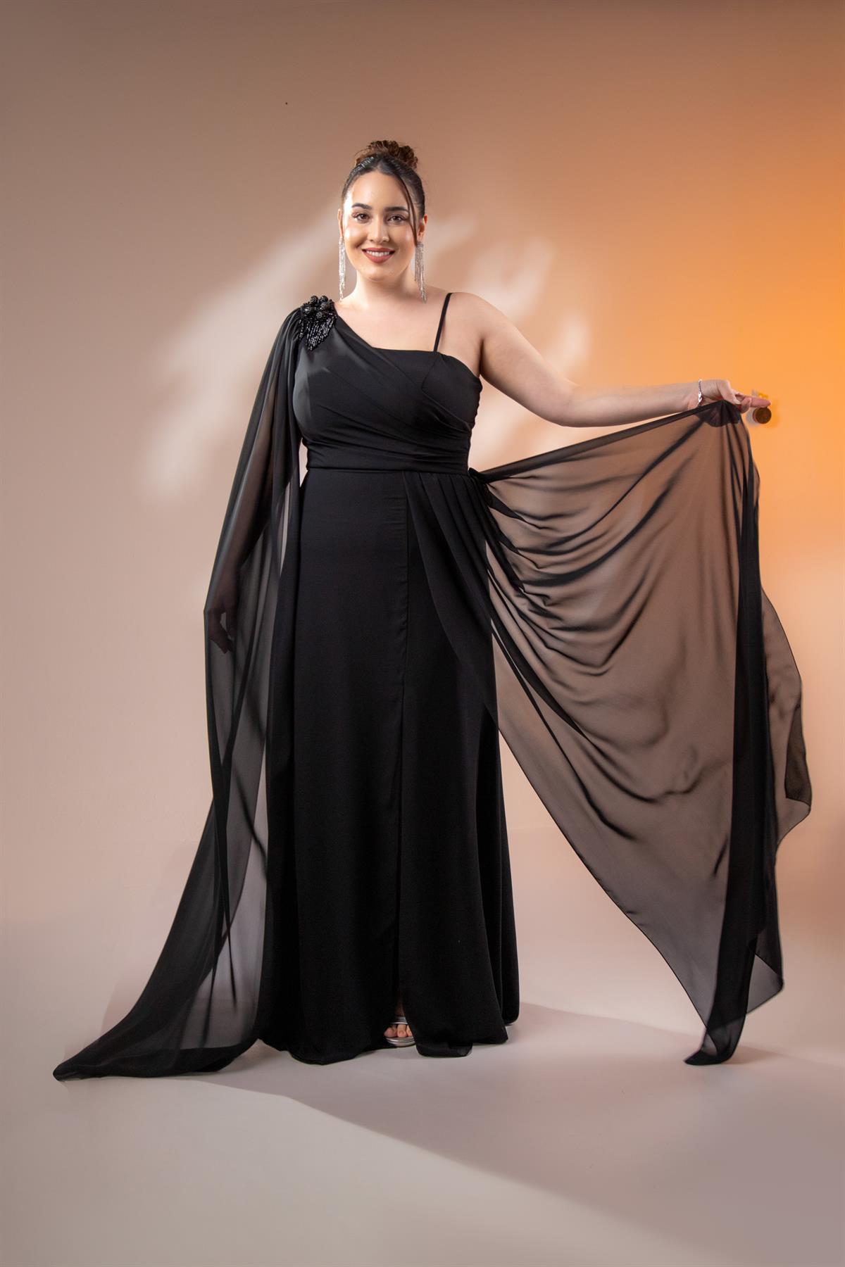 Büyük Beden 2422506 Tek Omuz Askılı Abiye Siyah