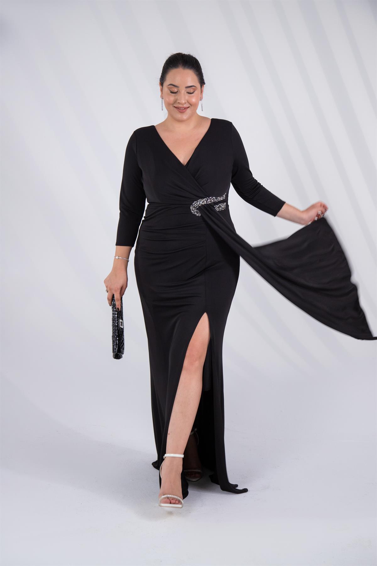 Büyük Beden 24225100 Beli Taşlı Yırtmaçlı Abiye  Siyah