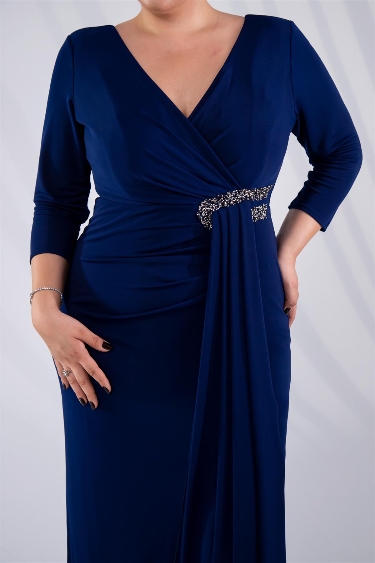 Büyük Beden 24225100 Beli Taşlı Yırtmaçlı Abiye  Lacivert