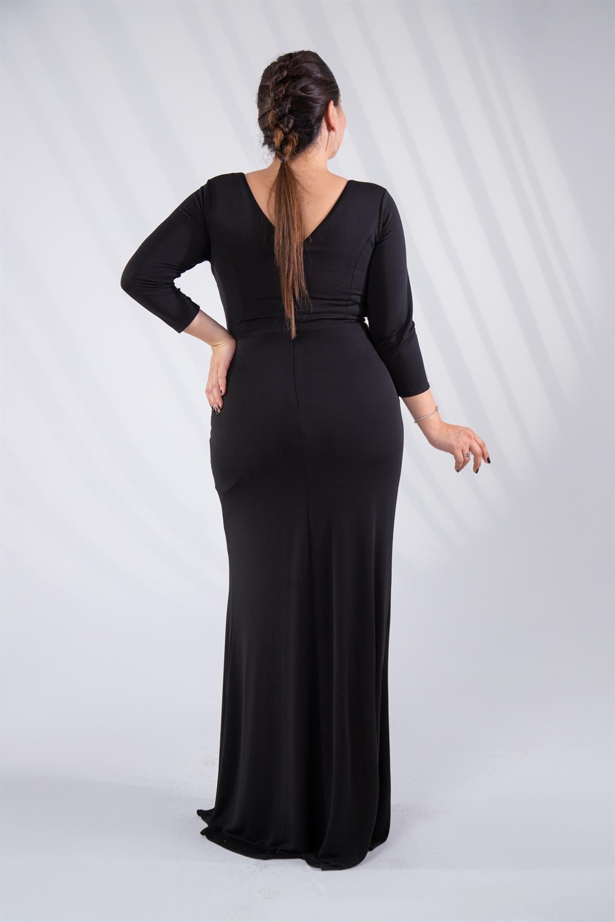 Büyük Beden 24225100 Beli Taşlı Yırtmaçlı Abiye  Siyah