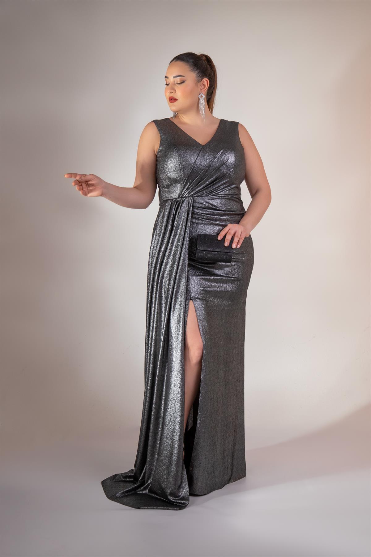 Büyük Beden 2422511 Kruvaze Yaka Abiye Gümüş