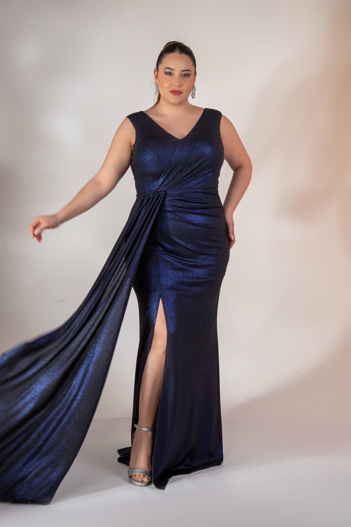 Büyük Beden 2422511 Kruvaze Yaka Abiye Lacivert