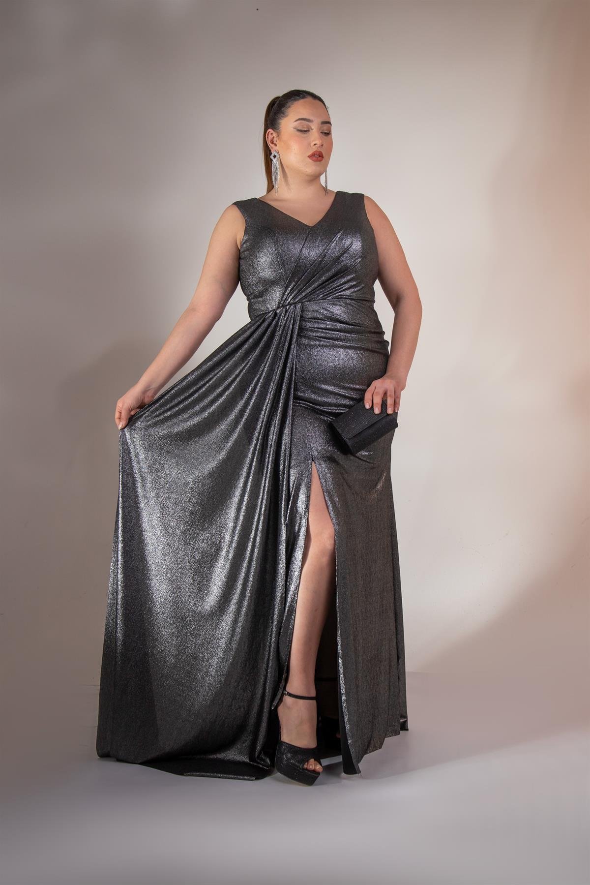 Büyük Beden 2422511 Kruvaze Yaka Abiye Gümüş