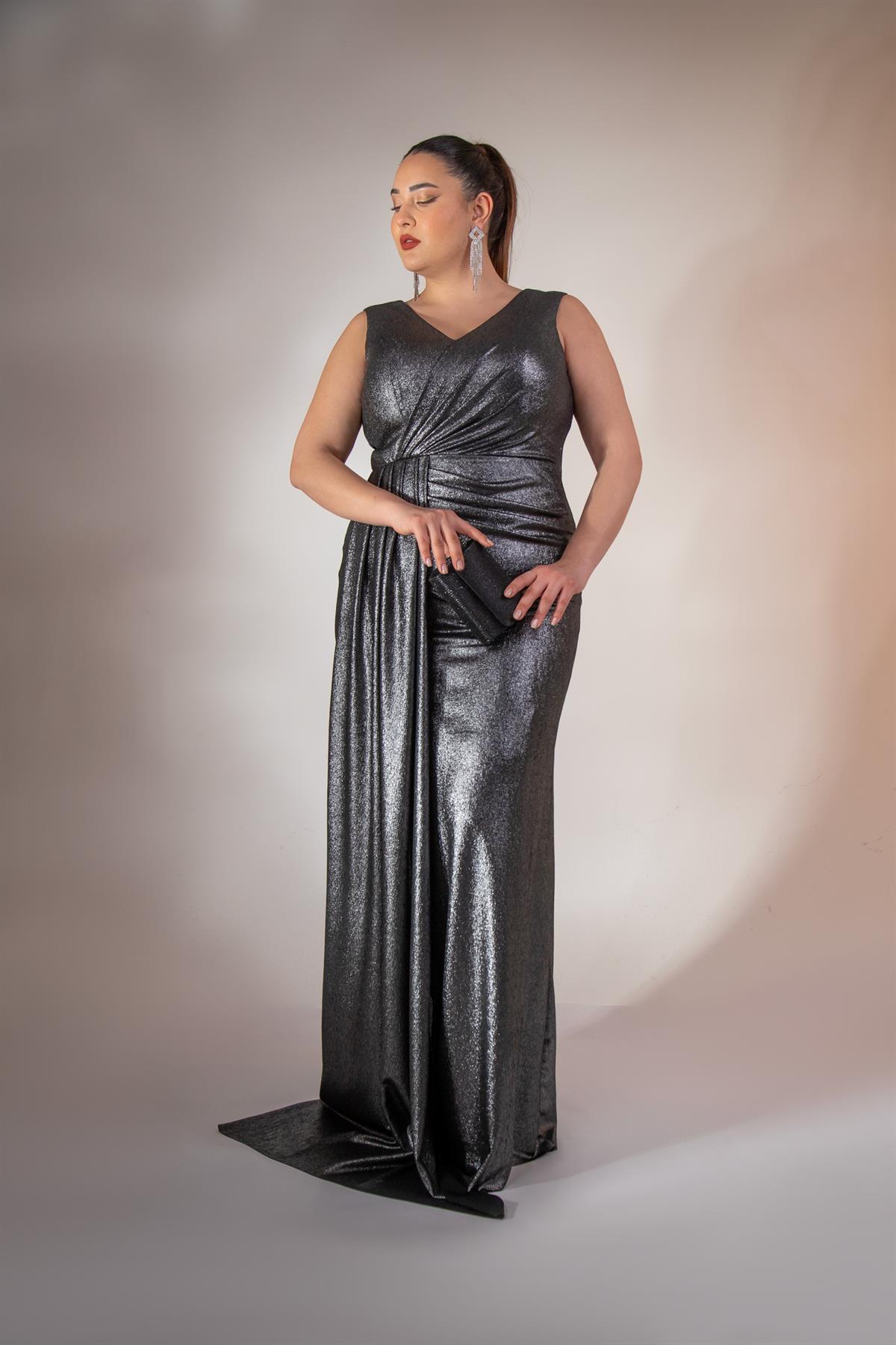 Büyük Beden 2422511 Kruvaze Yaka Abiye Gümüş