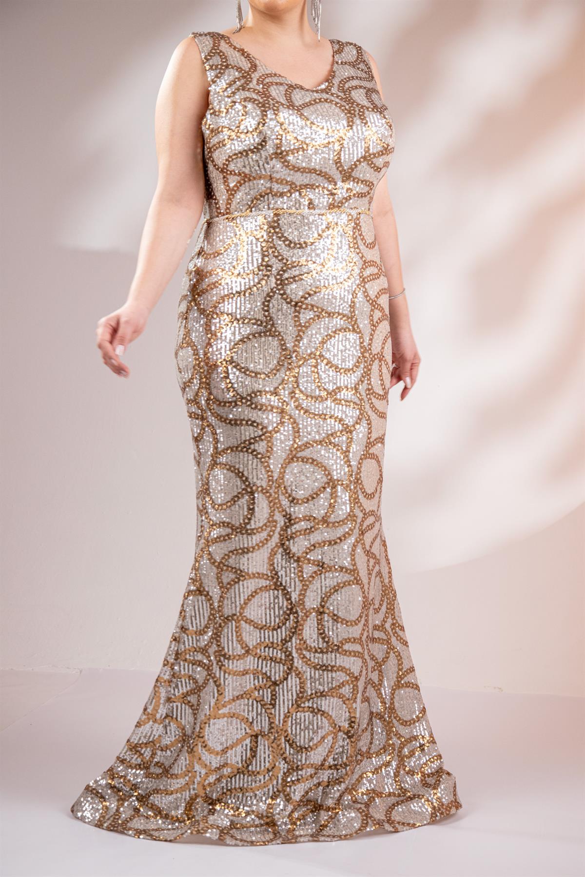 Büyük Beden 2422521 Kolsuz Uzun Abiye  Sarı