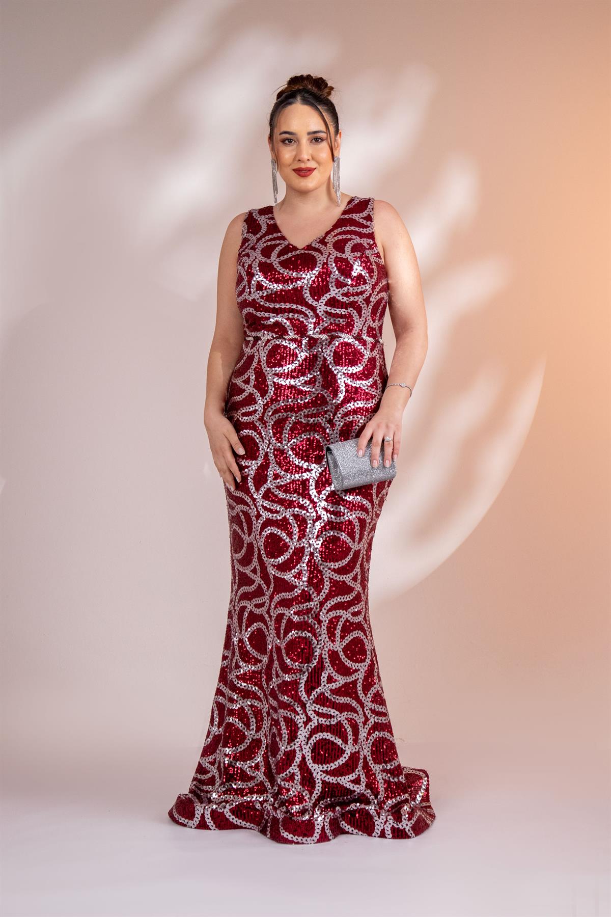 Büyük Beden 2422521 Kolsuz Uzun Abiye  Bordo