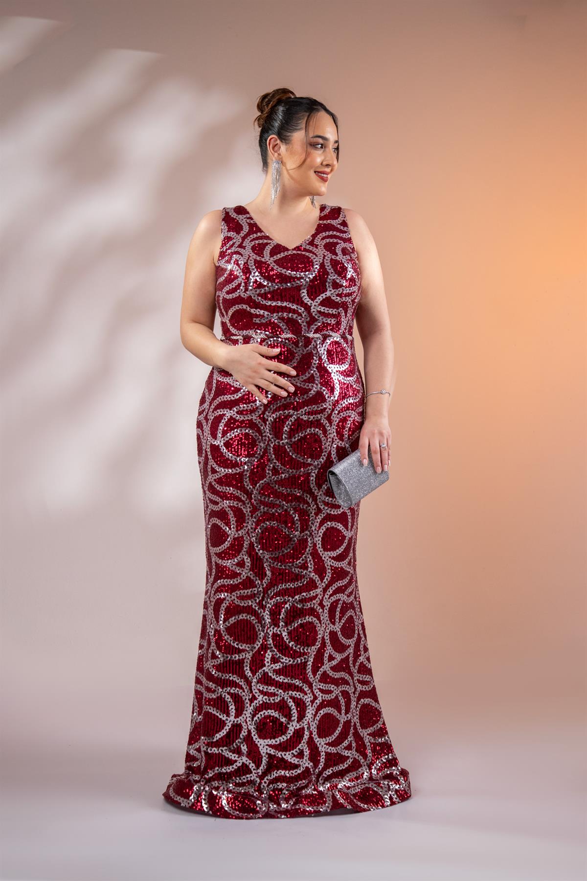 Büyük Beden 2422521 Kolsuz Uzun Abiye  Bordo