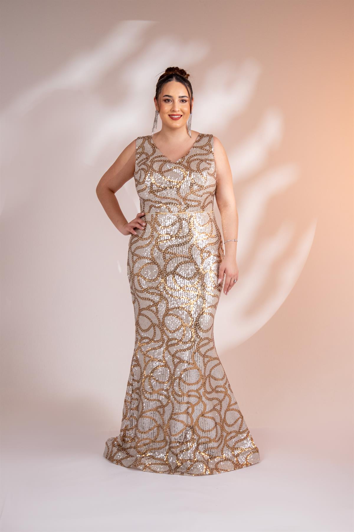 Büyük Beden 2422521 Kolsuz Uzun Abiye  Sarı