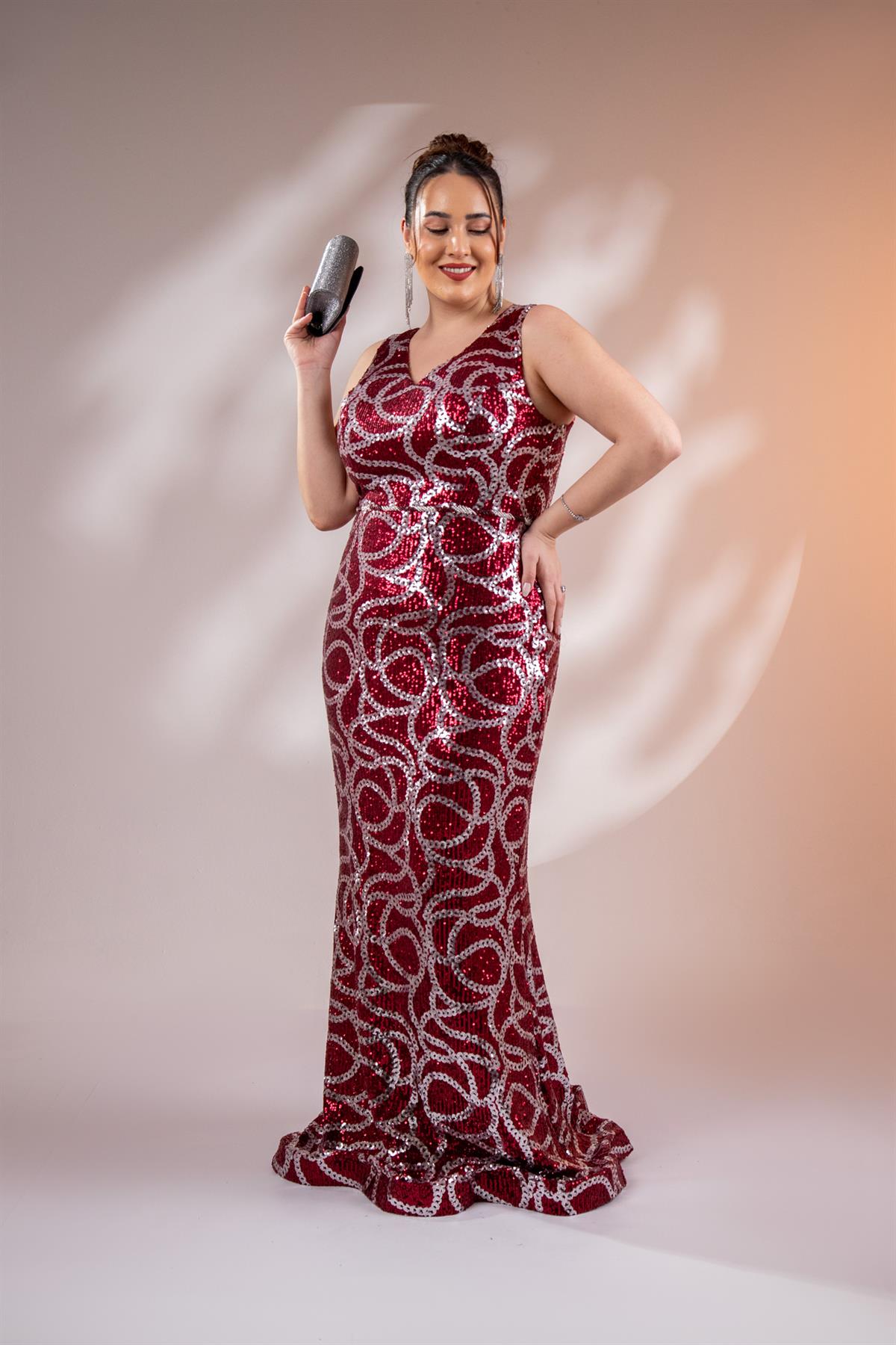 Büyük Beden 2422521 Kolsuz Uzun Abiye  Bordo