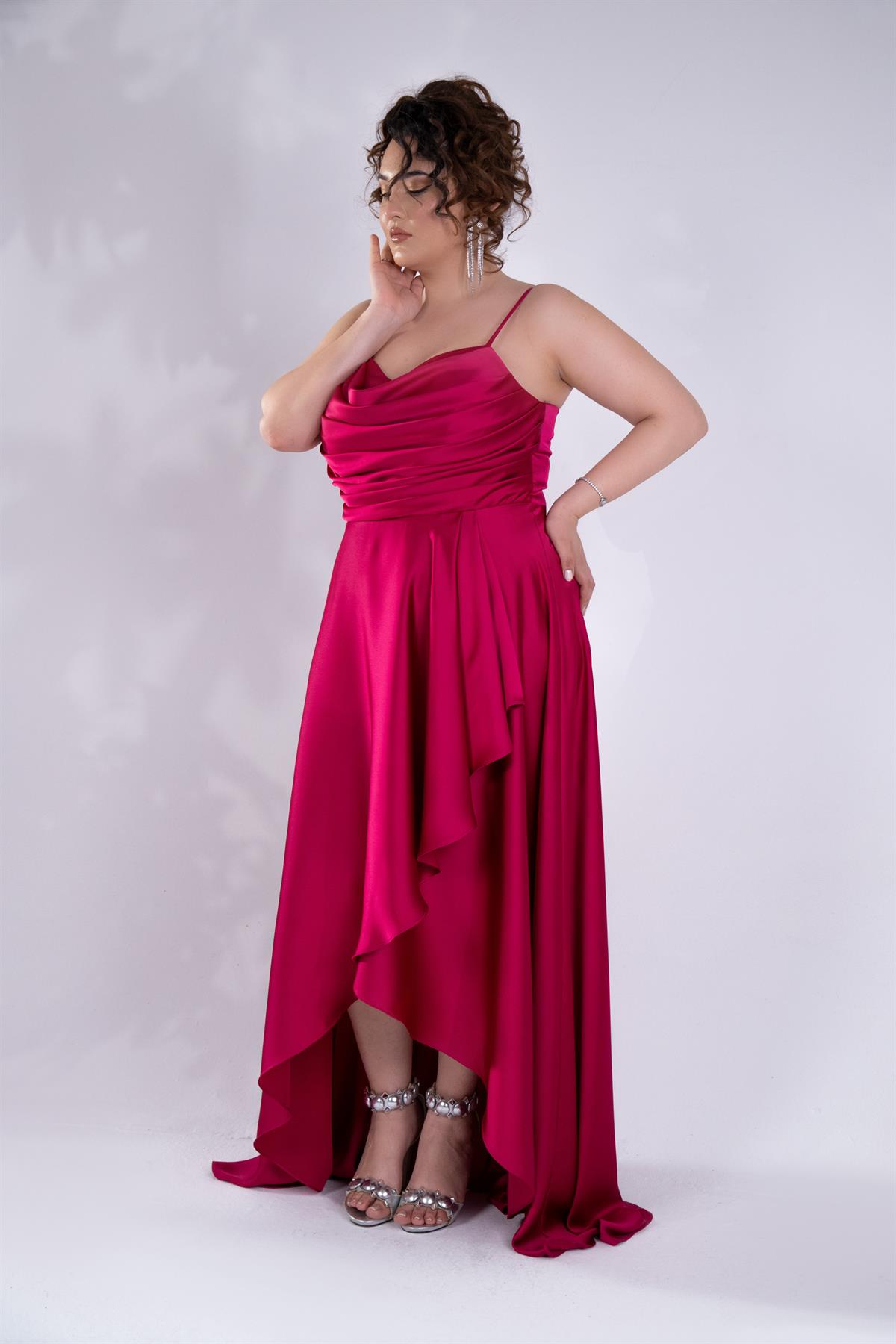 Büyük Beden 2424122 Askılı Drapeli Uzun Abiye  Fusya