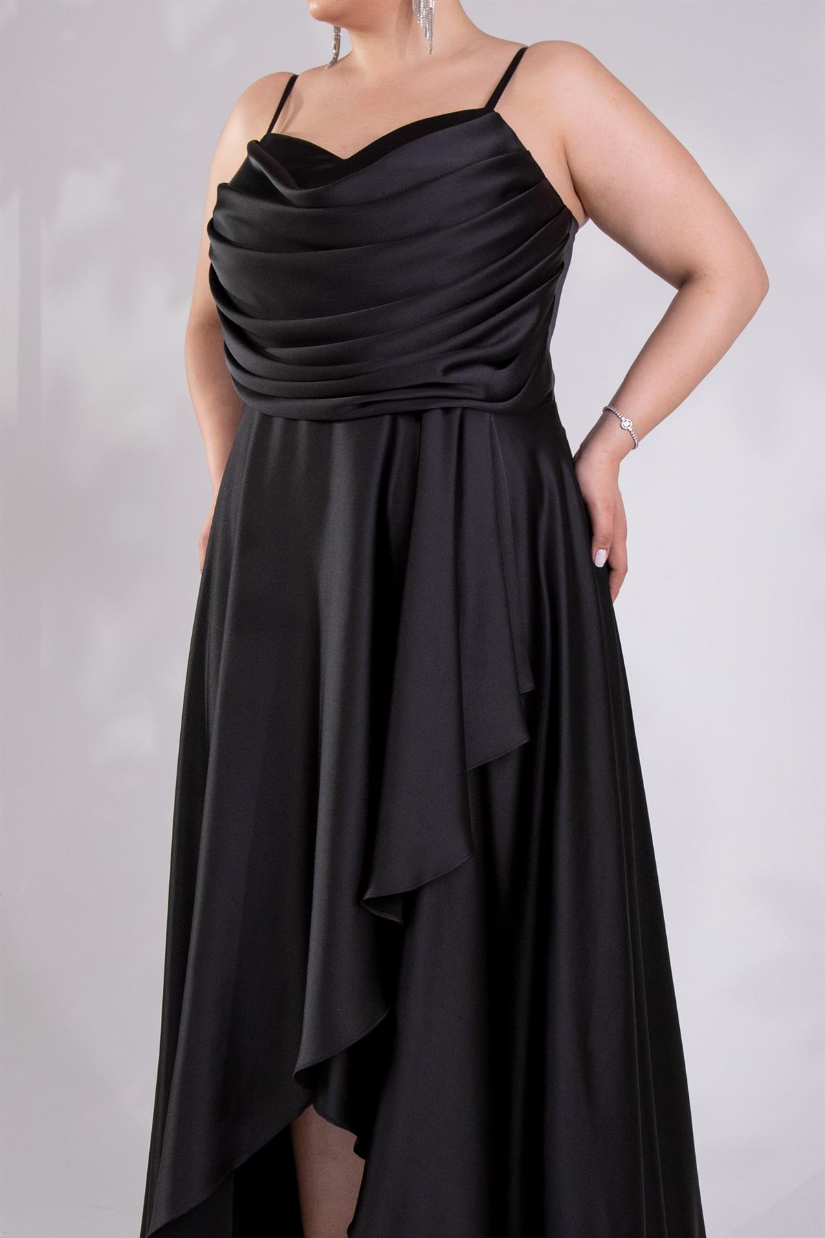 Büyük Beden 2424122 Askılı Drapeli Uzun Abiye  Siyah