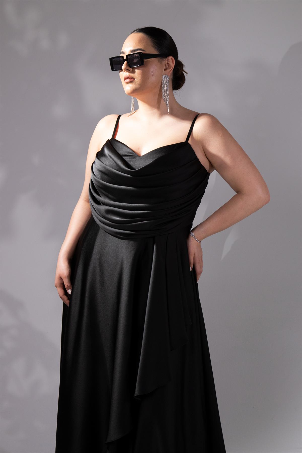 Büyük Beden 2424122 Askılı Drapeli Uzun Abiye  Siyah