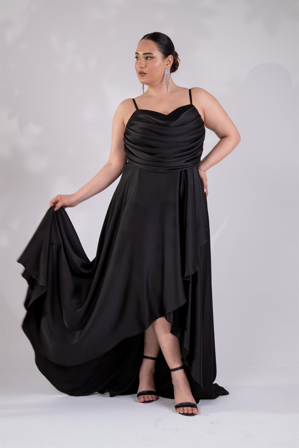 Büyük Beden 2424122 Askılı Drapeli Uzun Abiye  Siyah